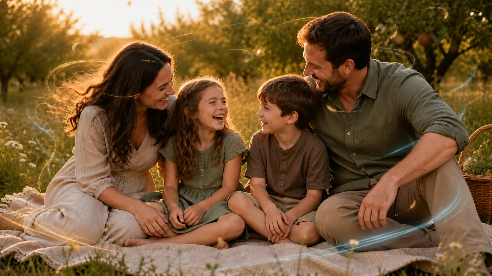 Family portrait with restrained light trails showing prompt-controlled motion