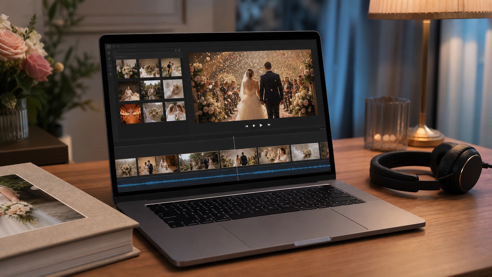 Laptop displaying wedding photos and video clips arranged on an editing timeline
