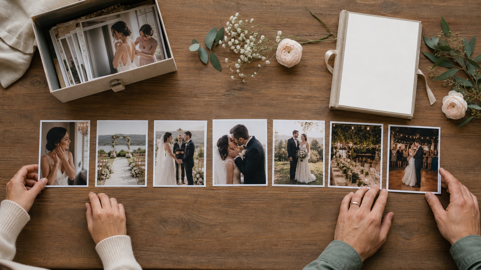 Wedding photos organized chronologically on a table