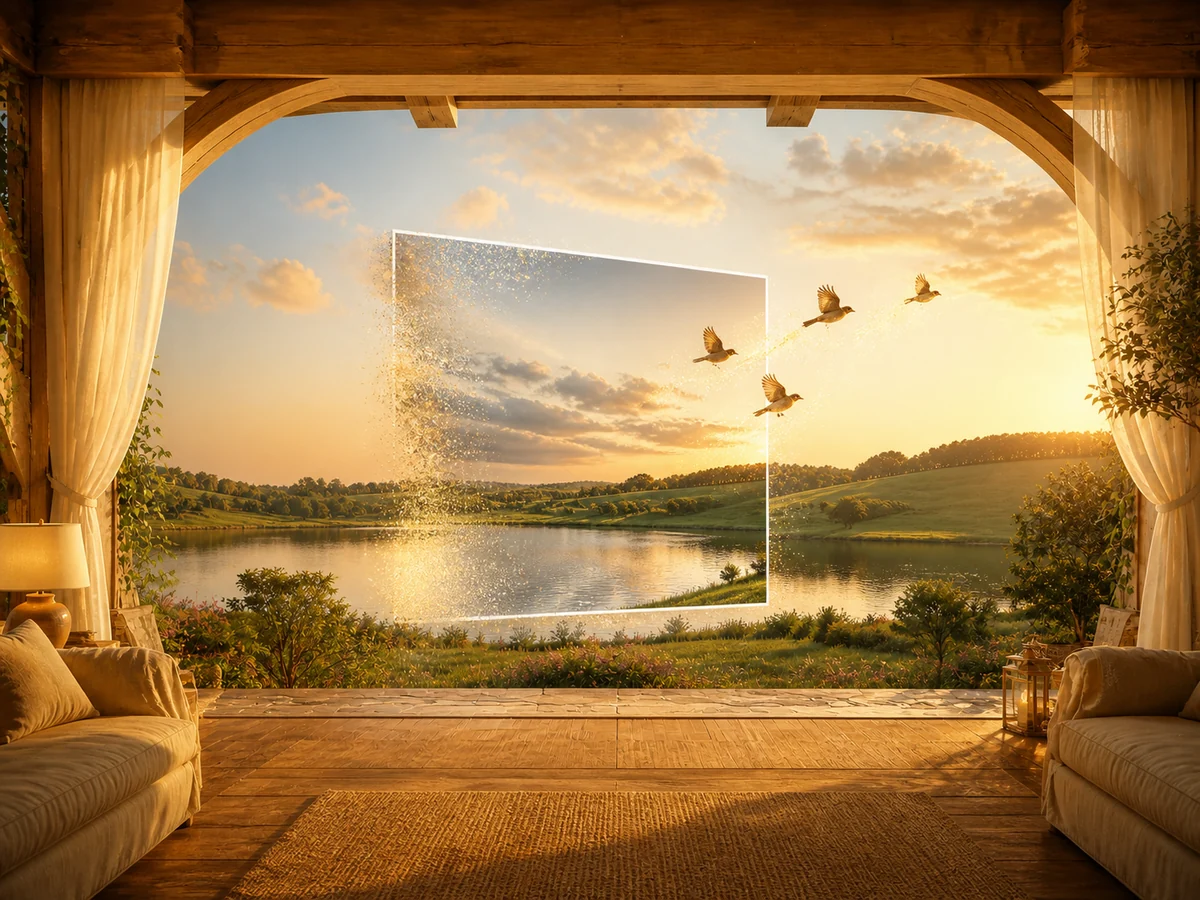 Still landscape photo transforming into a living scene with flying birds