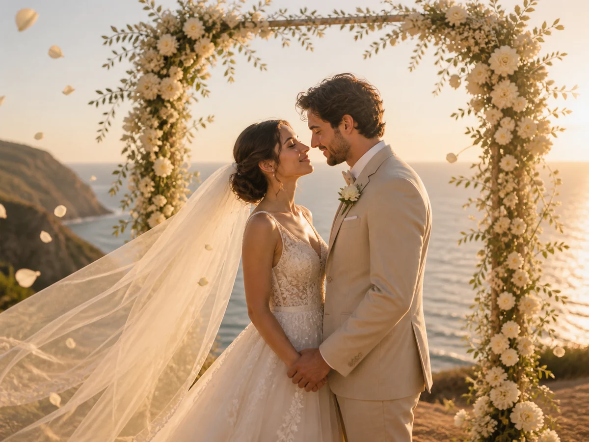 Newlywed couple beneath a floral arch at sunset