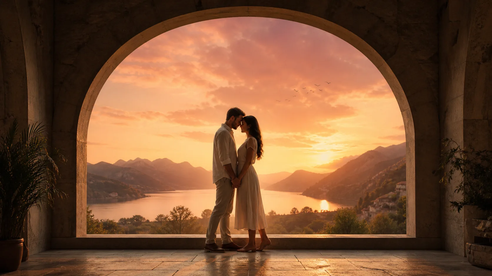 Adult couple framed by a stone portal for photo to kissing video animation